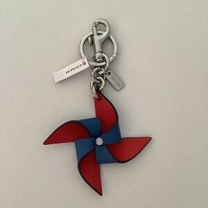 🎁 Coach Red & Blue Leather Pinwheel Keychain Bag Charm Pinwheel Design NWT